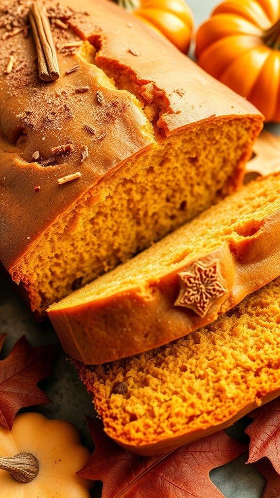 Moist Pumpkin Bread Recipe Sliced pumpkin bread on a wooden cutting board, showcasing its moist texture, with autumn decorations in the background.